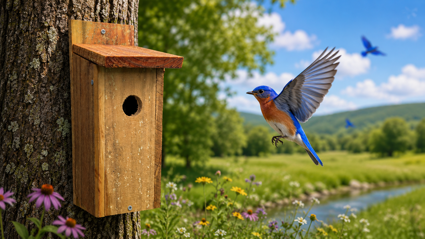 Eastern Bluebird approaching nest box in a wildflower meadow